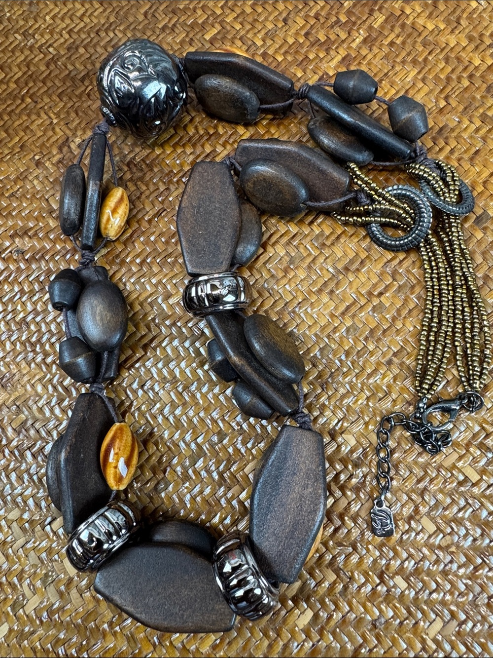 You and I Brown Wooden Chunky Bead Necklace with Amber Accents